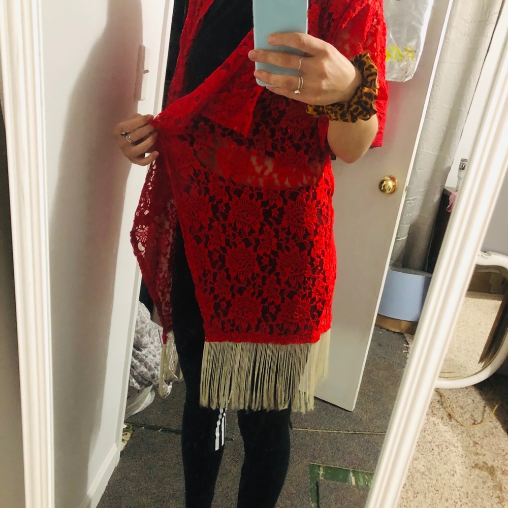 Red lace cardigan with tassel bottom
